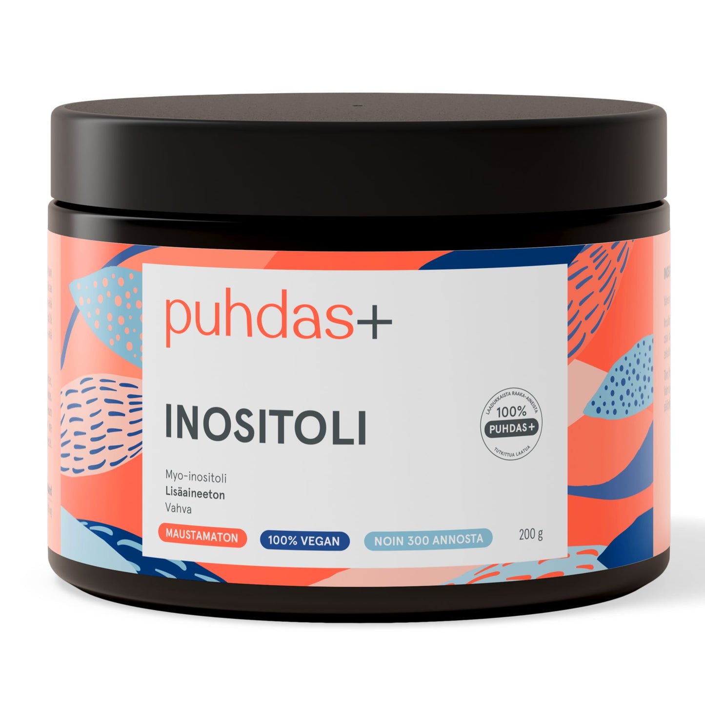 puhdas+ Inositoli, 200 g; värikäs, abstrakti etikettidesign, tuotetietoja ja sertifiointimerkintöjä, mm. vegaanisuus; lieriömäinen muovipurkki valkoisella mattapinnalla ja monivärisillä graafisilla kuvioilla etiketissä; groteskityyppistä tuoteinformaatiota; vaalea tausta, ei näkyviä käsiä tai muita esineitä; kuvattu edestäpäin silmän tasolta.