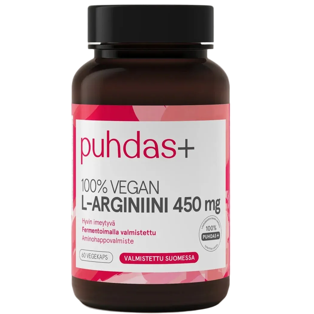 Puhdas+ Kasviperäinen L-Arginiini 450 mg; pullo Puhdas+ 100 % Vegaanista L-Arginiini 450 mg -ravintolisää valkoisella ja punaisella etiketillä, teksti suomeksi ja sisältö 60 vegaanikapselia; muovipullo sylinterinmuotoinen mattavalkoisella pinnalla ja valkoisella ruuvikorkilla; etiketti groteskikirjasinta mustana ja punaisena, sisältäen tuotenimen ja annostuksen; ei ihmisiä tai käsiä kuvassa, pelkistetty tausta studiovalaistuksessa.