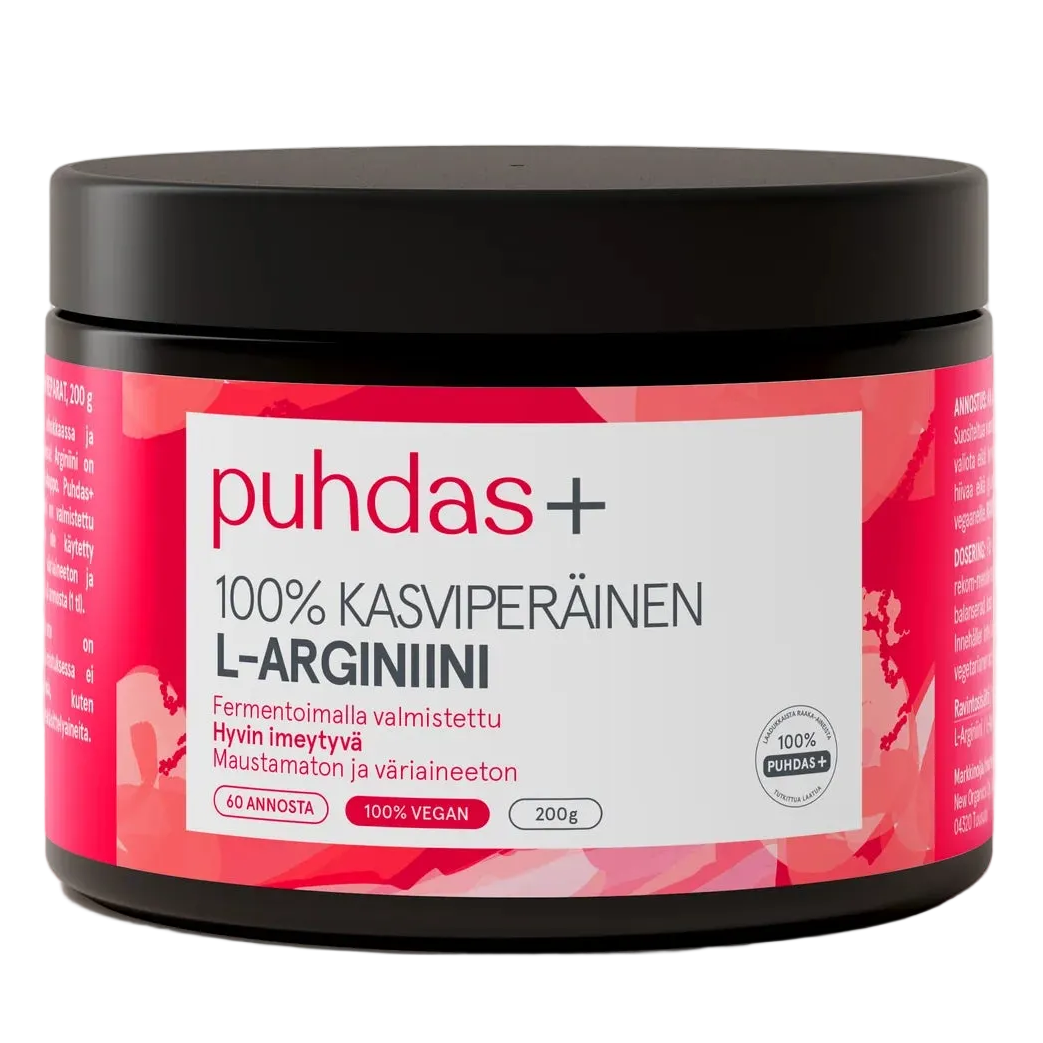 puhdas+ Kasviperäinen L-Arginiini -purkki, musta mattamuovi, kierrekorkki, sylinterinmuotoinen; punainen-valkoinen etiketti lihavoidulla groteskitekstillä, 100 % vegaaninen, mauton, 200 g, suomenkielinen teksti