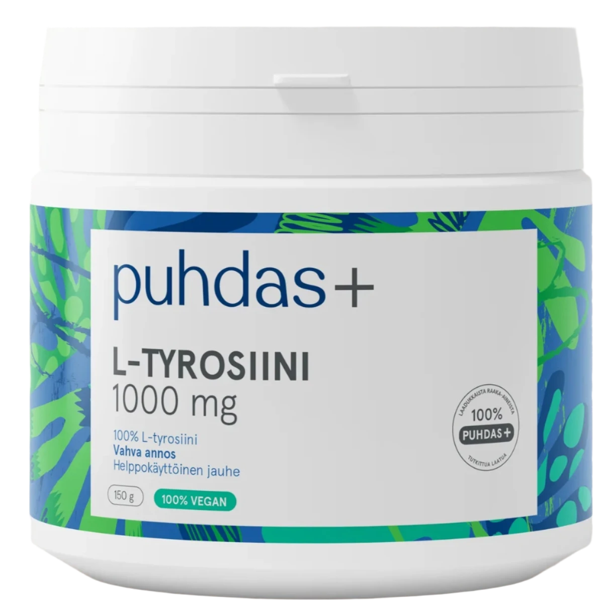Puhdas+ L-Tyrosiini 1000 mg; valkoinen ja sininen jauhepurkki, jossa vihreitä lehtikuvioita ja selkeää suomenkielistä tuotetietoa; etiketissä mainitaan tuotteen olevan 100% vegaaninen; sylinterinmuotoinen muovipurkki, mattapinta, valkoinen kierrekorkki; yksinkertainen lihavoitu groteskikirjasin; kuvattu tasaisesti valaistulla, neutraalilla taustalla ilman ihmisiä tai rekvisiittaa.