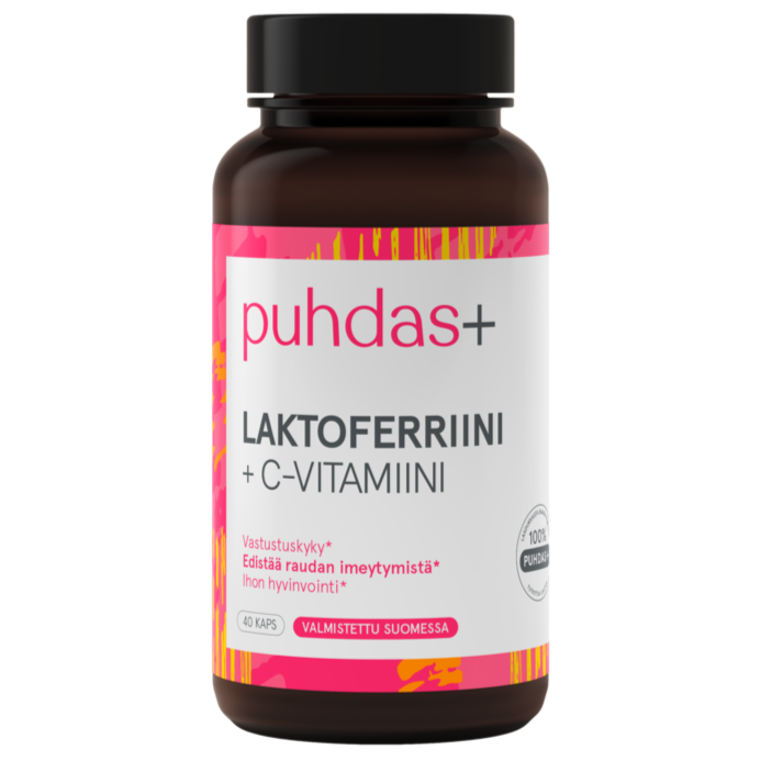 Puhdas+ Laktoferriini 100 mg + C-vitamiini; pullo puhdas+ Laktoferriini + C-vitamiini -ravintolisälle erottuvalla vaaleanpunais-valko-keltaisella etiketillä, suomenkielistä tekstiä ja sisältää 40 kapselia; pullo lieriön muotoista muovia mattavalkoisella pinnalla ja kierrekorkilla; etiketissä sans-serif-kirjasin; tausta yksinkertainen, ei ihmisiä tai käsiä näkyvissä; tuote kuvattu keskitettynä pystyasennossa; koostumus suunniteltu helppoon päivittäiseen käyttöön.