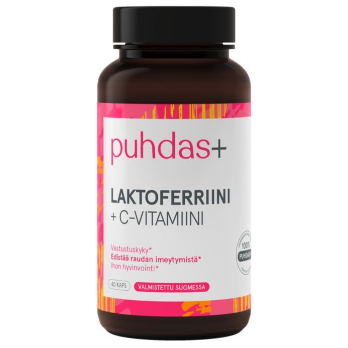 Puhdas+ Laktoferriini 100 mg + C-vitamiini; pullo puhdas+ Laktoferriini + C-vitamiini -ravintolisälle erottuvalla vaaleanpunais-valko-keltaisella etiketillä, suomenkielistä tekstiä ja sisältää 40 kapselia; pullo lieriön muotoista muovia mattavalkoisella pinnalla ja kierrekorkilla; etiketissä sans-serif-kirjasin; tausta yksinkertainen, ei ihmisiä tai käsiä näkyvissä; tuote kuvattu keskitettynä pystyasennossa; koostumus suunniteltu helppoon päivittäiseen käyttöön.