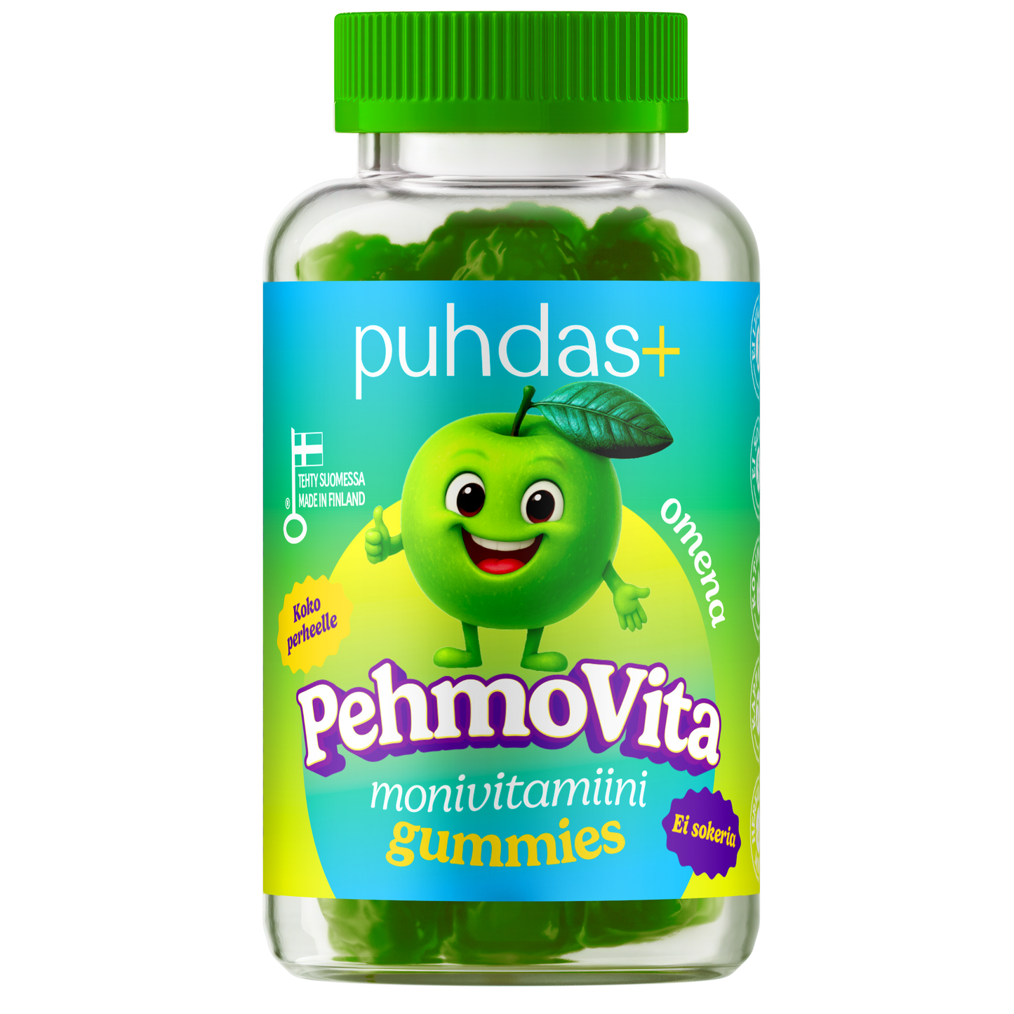 Puhdas+ PehmoVita Vihreä Omena: läpinäkyvä sylinterimäinen muovipullo mattapinnalla ja vihreällä korkilla; etiketissä hymyilevä vihreä omenahahmo ja tuotenimi monivärisellä groteskitekstillä; pakkauksessa kirkkaita grafiikoita; tuote kuvattu valkoista taustaa vasten, ei ihmisiä tai esineitä näkyvissä.