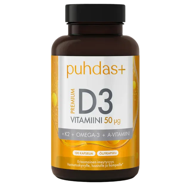Puhdas+ Premium D3-vitamiini 50 µg + K2 + Omega-3 + A-vitamiini: ruskea, sylinterimäinen muovipullo valkoisella kierrekorkilla ja kiiltävällä pinnalla; etiketti on keltainen ja valkoinen selkeällä lihavoidulla groteskikirjasimella; teksti sisältää "Puhdas+ Premium D3 VITAMIINI 50 µg with K2, Omega-3, and A-vitamin" sekä maininnan "120 capsules"; ei ihmisiä tai käsiä näkyvissä; tausta on valkoinen.