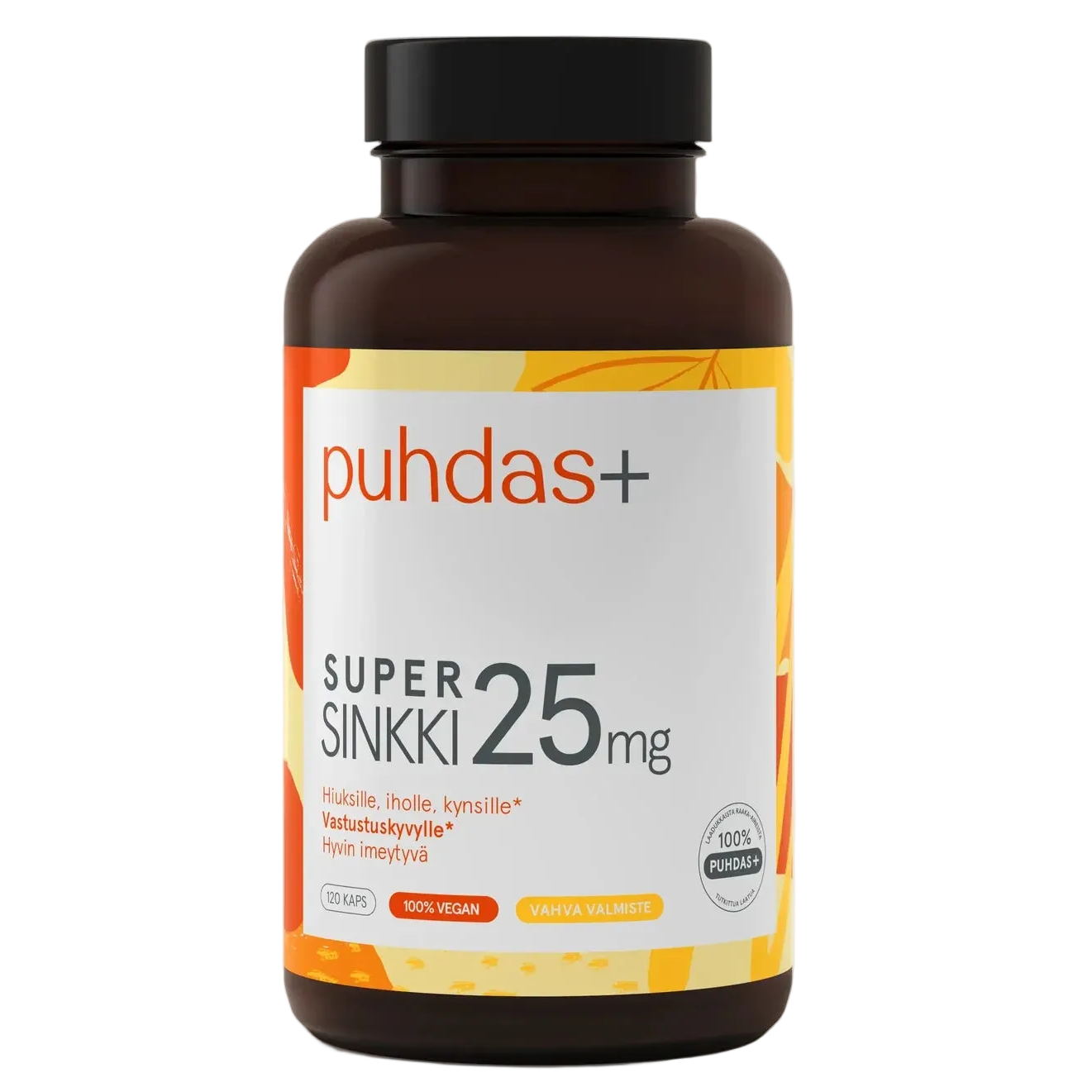 Puhdas+ Super Sinkki 25 mg -pullo; ruskea muovipullo, jossa oransseja ja valkoisia graafisia elementtejä sekä yksinkertaista tekstausvapaata typografiaa; etiketissä maininta 120 vegaanisesta sinkkikapselista sekä tekstiä hiusten, ihon, kynsien ja imeytymisen hyödyistä; tausta valkoinen; ei ihmisiä tai muita esineitä kuvassa.