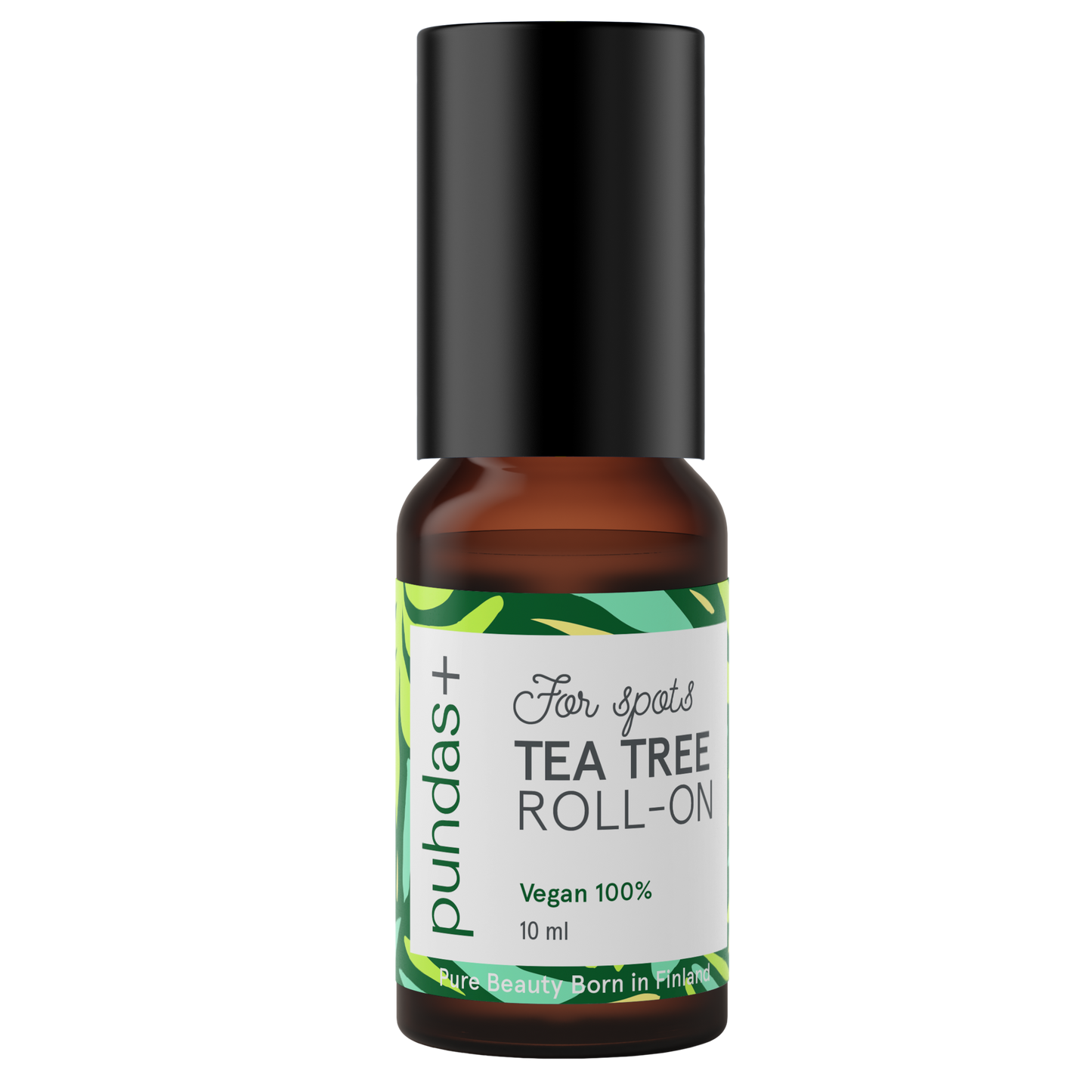 Puhdas+ Tea Tree Roll-On; pieni ruskea lasipullo mustalla muovisella kierrekorkilla; muoto lieriön muotoinen ja pinta kiiltäväpintainen; etiketissä vihreitä, keltaisia ja valkoisia lohkoja modernilla sans-serif-tekstillä; luettavissa "puhdas+ For spots TEA TREE ROLL-ON, Vegan 100%, 10 ml, Infused with natural tea tree oil"; ei ihmisiä tai tarvikkeita, valkoinen tausta.