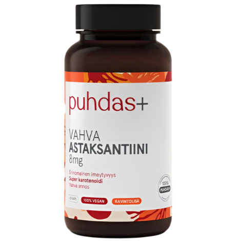 Puhdas+ Vahva Astaksantiini 8 mg; tummansävyinen muovipullo mattapinnalla, sylinterinmuotoinen; etiketissä lukee "puhdas+ Vahva Astaksantiini 8mg", oranssein ja punaisin kuvituksin; typografia on selkeää ja groteskia; tekstissä mainitaan vegaaninen ravintolisä astaksantiinilla; tausta neutraali, ei ihmisiä tai rekvisiittaa kuvassa.