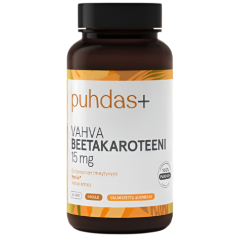 Puhdas+ Vahva Beetakaroteeni 15 mg; ruskea pullo tekstillä ”puhdas+ Vahva Beetakaroteeni 15 mg” oranssein tehostein, sisältää laadukkaita beetakaroteenipitoisia ravintolisäkapseleita; pullo lieriömäinen valkoisella kierrekorkilla ja kiiltäväpinnalla; etikettitypografia moderni ja tikkukirjasinta; tuote kuvattu tasaisella, vaalealla taustalla ilman ihmisiä tai käsiä.