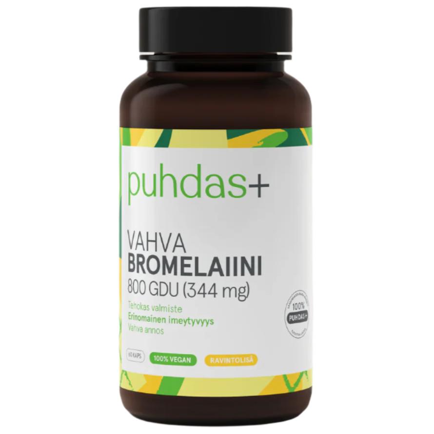 Puhdas+ Vahva Bromelaiiini; pullo Puhdas+ Vahva Bromelaiini -ravintolisää, 800 GDU (344 mg), merkitty 100 % vegaaniseksi ravintolisäksi, valkoinen ja vihreä etiketti keltaisin tehostein; lieriömäinen muovipullo mattavalkoisella pinnalla ja yhteensopivalla valkoisella korkilla; teksti ja brändäys painettu selkeällä tikkukirjasimella; tausta tasainen ja hyvin valaistu, ei ihmisiä tai käsiä näkyvissä; kuva suoraan edestä.