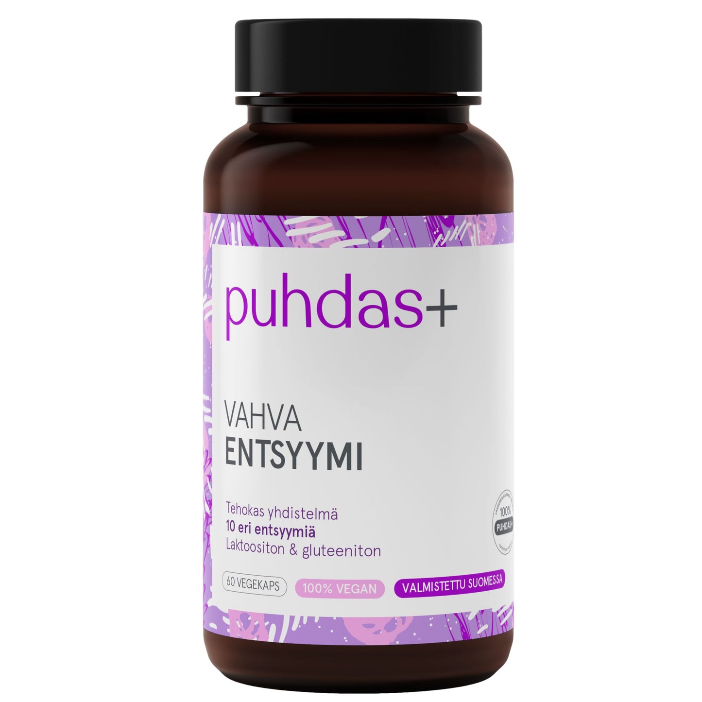 A brown bottle labeled puhdas+ Vahva Entsyymi, featuring a purple and white design, with details indicating it is vegan, gluten-free, and lactose-free. The label displays sans-serif typography. The bottle is cylindrical with a white screw cap and a matte finish. There are additional symbols visible on the label. Plain background. No people or hands present in the image.