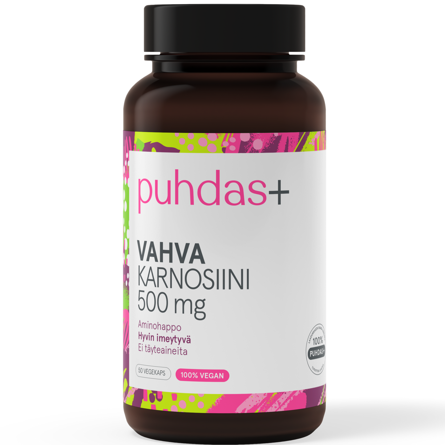 Puhdas+ Vahva Karnosiini 500 mg; ruskea muovipurkki mustalla rihlatulla korkilla; mattapintaisessa etiketissä vaaleanpunaisia ja vihreitä geometrisia laatikoita; lihavoitua groteskitekstiä eri painoin; etiketissä lukee "puhdas+ VAHVA KARNOSIINI 500 mg", "100% VEGAN" ja "63 VEGEKAPS."; pullo seisoo pystyssä valkoisella taustalla.