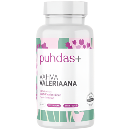 Puhdas+ Vahva Valeriaana 300 mg; valkoinen lieriömäinen muovipullo mattapinnalla ja kierrekorkilla; etiketissä teksti ”puhdas+ Vahva Valeriaana” tikkukirjasimella sekä monivärinen kukkakuvitus; lisätekstissä mainittu vegaaninen, kasviperäinen koostumus ja 60 kapselia; tuote kuvattu tasaisella taustalla.