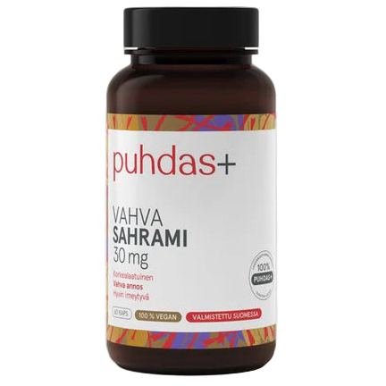Puhdas+ Vahva Sahrami 30 mg; ruskea lieriömäinen pullo kierrekannella, mattavalkoinen etiketti punaisin, keltaisin ja violettein grafiikoin; groteskityyppinen musta ja värillinen teksti tuotenimelle ja tiedoille; etiketissä lukee puhdas+ Vahva Sahrami 30 mg, mainitaan vegaanisuus sekä alkuperämaa Suomi; tuote kuvattu neutraalilla taustalla ilman ihmisiä tai rekvisiittaa.