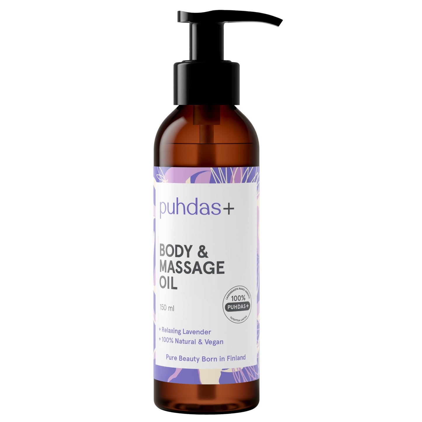 A brown plastic pump bottle labeled puhdas+ BODY & MASSAGE OIL with a lavender motif on the label. Label text includes Relaxing Lavender, 100% Natural & Vegan, and Pure Beauty Born in Finland in sans-serif type. Matte finish bottle, rounded shape. Shot is of the product only against a plain background. No people or hands visible. A brown pump bottle labeled puhdas+ BODY & MASSAGE OIL with a lavender-themed design. Text highlights Relaxing Lavender, 100% Natural & Vegan, and Pure Beauty Born in Finland.