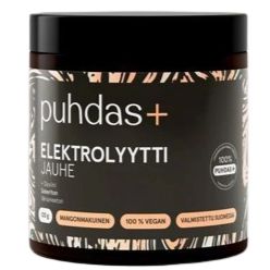 Puhdas+ Elektrolyyttijauhe Mango, purkki kuvioidulla etiketillä korostaen 100-prosenttista vegaanisuutta ja Suomessa valmistamista; purkki sylinterimäinen valkoisella muovikannella ja mattapinnalla; pääetiketissä geometrisia kuvioita sinisenä ja harmaana, mustaa groteskitekstiä ja selkeää brändäystä; tausta valkoinen, ei ihmisiä eikä esineitä näkyvissä.