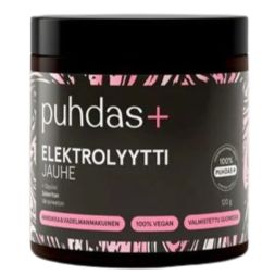 Puhdas+ Elektrolyyttijauhe Mansikka-Vadelma, purkki elektrolyyttijauheelle mustalla muovisella kierrekannella ja sylinterimäisellä valkoisella astialla; etiketti mattapintainen mustin ja vaaleanpunaisin geometrisin kuvioin; teksti groteskifontilla; näkyvissä kuvakkeet vegaanisuudesta ja gluteenittomuudesta; tuotenimi suurin lihavoiduin kirjaimin; tausta vaalea ja yksinkertainen ilman näkyviä ihmisiä tai esineitä.