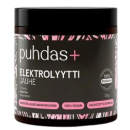 Puhdas+ Elektrolyyttijauhe Mansikka-Vadelma, purkki elektrolyyttijauheelle mustalla muovisella kierrekannella ja sylinterimäisellä valkoisella astialla; etiketti mattapintainen mustin ja vaaleanpunaisin geometrisin kuvioin; teksti groteskifontilla; näkyvissä kuvakkeet vegaanisuudesta ja gluteenittomuudesta; tuotenimi suurin lihavoiduin kirjaimin; tausta vaalea ja yksinkertainen ilman näkyviä ihmisiä tai esineitä.