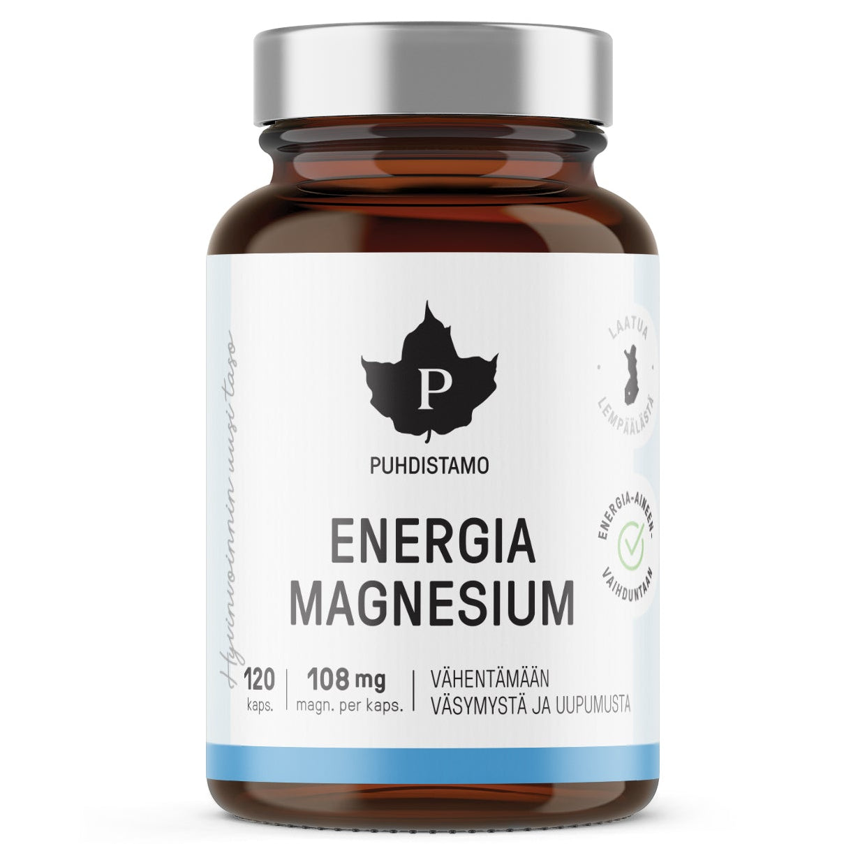 Puhdistamo Energia Magnesium, 120 kapselia (108 mg magnesiumia per kapseli) ruskeassa lasipullossa metallisella hopeanvärisellä kierrekorkilla; pullo sylinterimäinen, etiketti mattapintainen selkeällä suomenkielisellä tekstillä ja numeroin modernilla groteskifontilla; ei ihmisiä eikä käsiä näkyvissä, tausta yksivärinen ja tasaisesti valaistu studiokuva.