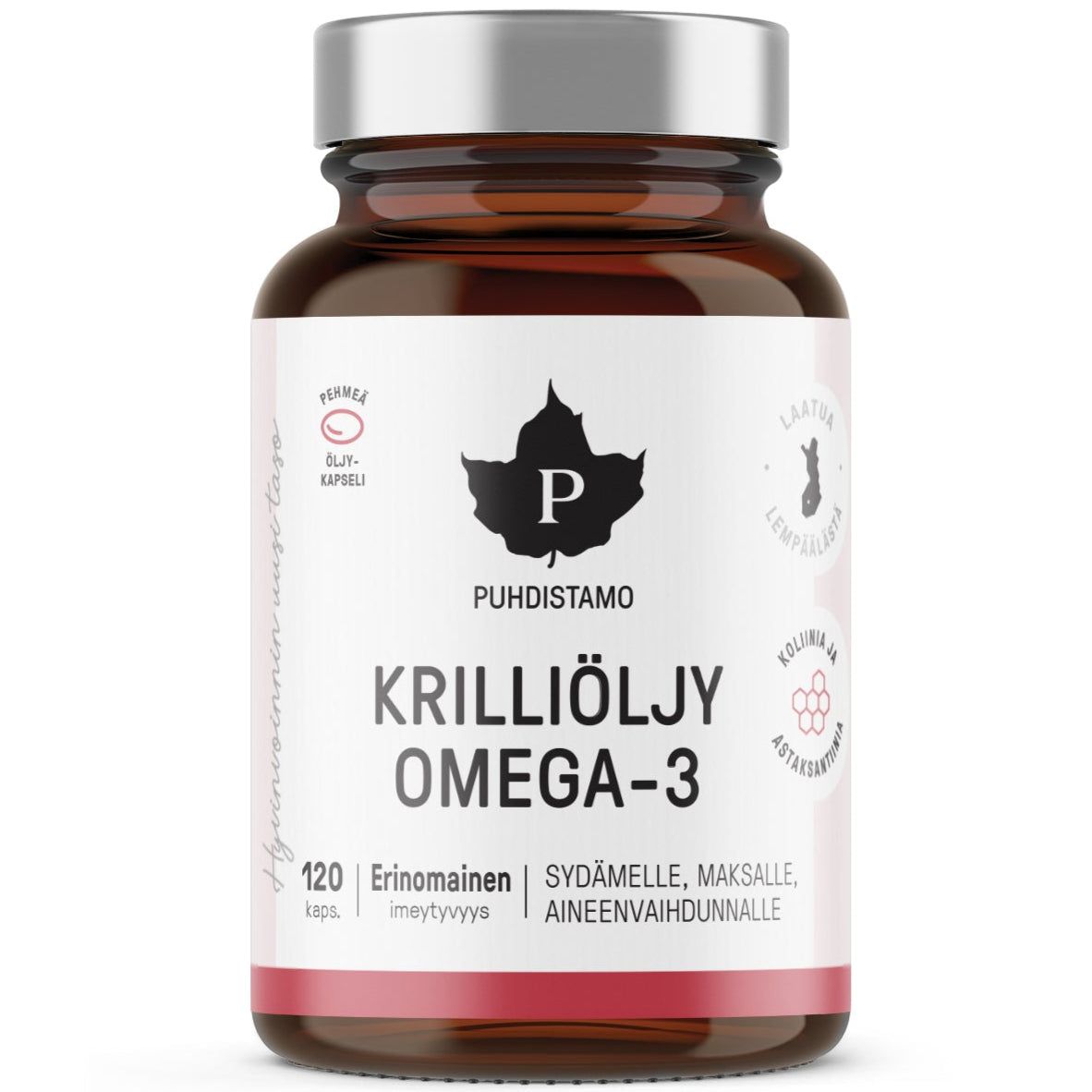 Puhdistamo Krilliöljy Omega-3 -pullo, ruskea lasipullo, sisältää 120 pehmeäkuorista kapselia; suomenkielinen teksti ja laatusertifiointimerkkejä sekä Omega-3-merkintä valkoisella taustalla; astia sylinterimäinen kiiltäväpinnalla ja selkeällä modernilla typografialla; etiketti pääosin valkoinen mustin ja kultaisin elementein; ei ihmisiä tai muita esineitä näkyvissä; yksinkertainen studiokuva.