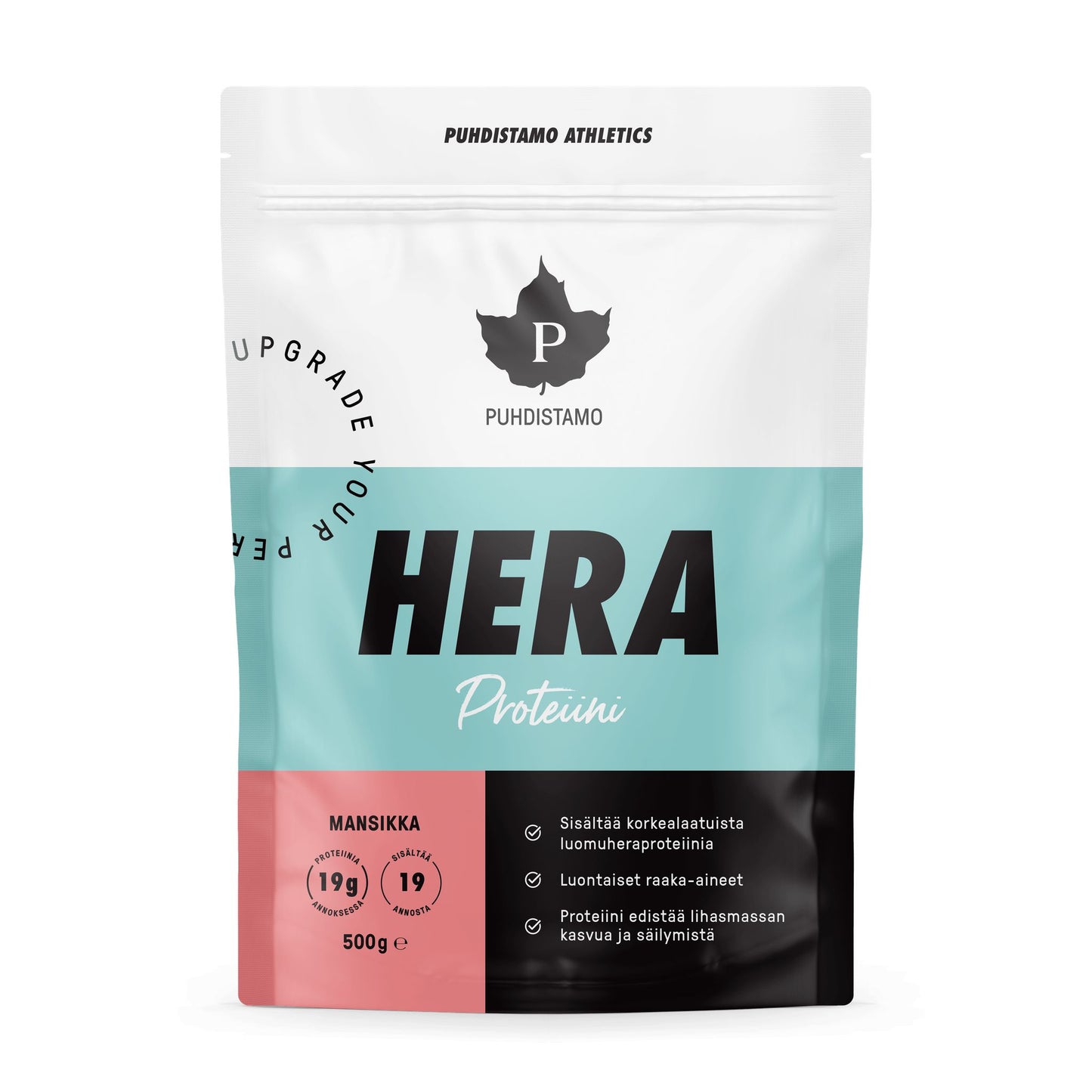 Puhdistamo Heraproteiini Mansikka; 500 g pussi Puhdistamo Hera Protein -jauhetta mansikan maussa, valkoisin, turkoosein ja mustin osioin sekä suomenkielisin tekstein ravintotiedoista ja hyödyistä; pussi mattapintainen kuumasaumatulla yläosalla, pystysuorakulmainen ja lihavoidulla groteskikirjasimella; ei ihmisiä tai taustaelementtejä, eristetty tuotekuva.