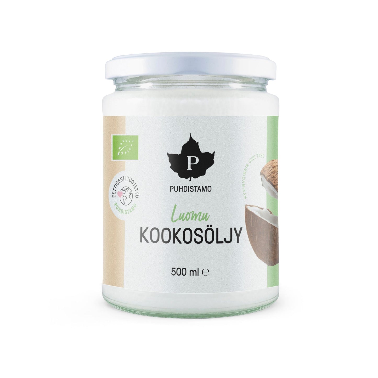 Puhdistamo Luomu Kookosöljy 500 ml -purkki; lasipurkki kiiltävällä valkoisella muovikannella, mattapintainen paperietiketti puolikkaan kookospähkinän kuvalla, vihreää lehtikuvitusta ja mustaa groteskitekstiä