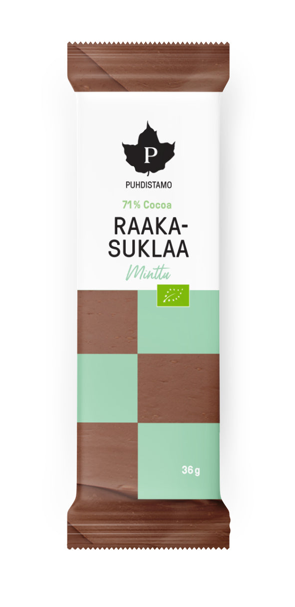 Puhdistamo Luomu Raakasuklaa Minttu; 36 g:n raakasuklaapatukka mintulla, 71 % kaakaota, tyylikkäässä valko-mintunvihreässä pakkauksessa; suorakulmainen kääre mattapinnalla, jaettu valkoiseen ja mintunvihreään osioon lihavoidulla mustalla groteskitekstillä; sanat "Raakasuklaa Minttu" ja "71 %" näkyvät selkeästi; ei ihmisiä tai käsiä näkyvissä, patukka kuvattu tasaisella pinnalla tasaisessa valaistuksessa.