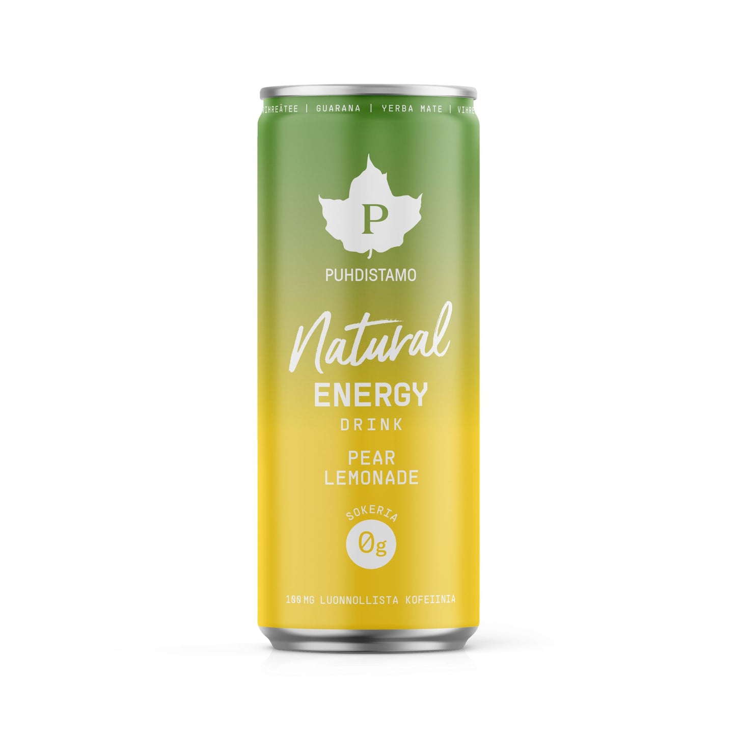 A green and yellow can labeled Puhdistamo Natural Energy Drink Pear Lemonade, featuring a leaf logo and highlighting 0g sugar. The cylindrical aluminum can has a matte finish and is upright on a plain white background. Label uses bold sans-serif typography. No people or objects present in the image. This is a straightforward product photo.