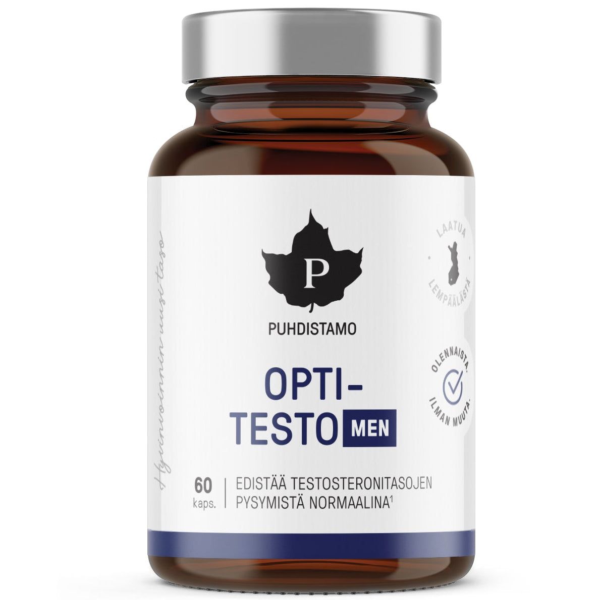 Puhdistamo OptiTesto Men; ruskea pullo tekstillä Puhdistamo Opti-Testo Men, sisältää 60 kapselia, suunniteltu tukemaan normaalia testosteronitasoa; pullo sylinterin muotoinen mustalla kierrekorkilla ja matalla etiketillä; valkoisessa etiketissä lihavoitua groteskitekstiä, musta lehtilogo ja jonkin verran suomenkielistä tekstiä; ei näkyviä ihmisiä tai muita esineitä; tausta valkoinen.