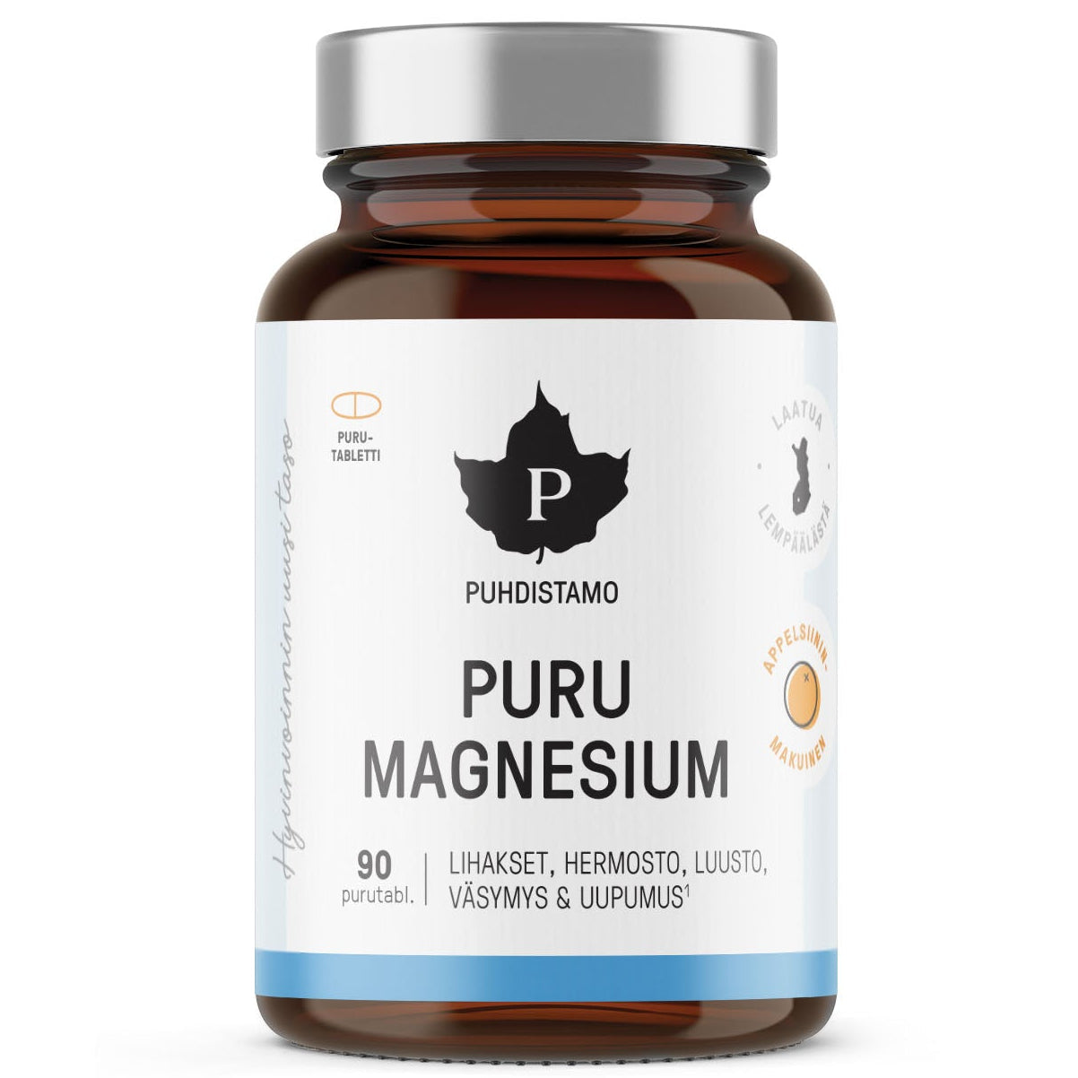Ruskea lasipullo merkinnällä Puhdistamo PURU MAGNESIUM sisältäen 90 purtavaa tablettia, suomenkielisin tiedoin ja oranssi sinetti ilmoittaen Appelsiinin makuinen. Etiketissä käytetään pääteviivatonta typografiaa mustana ja oranssina. Korkki on valkoista muovia mattapinnalla. Tuote on kuvattu pelkistetyllä valkoisella taustalla. Ihmisiä tai käsiä ei näy.
