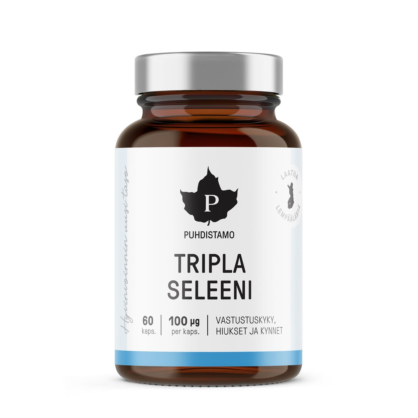 Puhdistamo Tripla Seleeni; ruskea lasipullo tekstillä "Puhdistamo Tripla Seleeni", sisältää 60 kapselia, kukin 100 µg seleeniä; lieriön muotoinen pullo valkoisella kierrekorkilla ja mattavalkoisella etiketillä mustaa sans-serif-tekstiä ja pelkistettyjä graafisia korostuksia; suomenkielinen etiketti korostaa hyötyjä immuunipuolustukselle, hiuksille ja kynsille; tausta neutraali, ei ihmisiä tai käsiä näkyvissä.