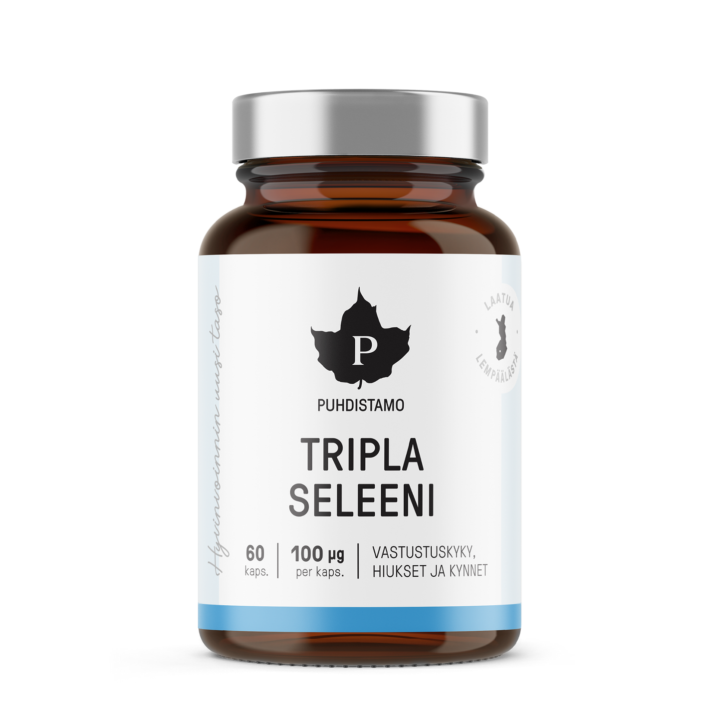 Puhdistamo Tripla Seleeni; ruskea lasipullo tekstillä "Puhdistamo Tripla Seleeni", sisältää 60 kapselia, kukin 100 µg seleeniä; lieriön muotoinen pullo valkoisella kierrekorkilla ja mattavalkoisella etiketillä mustaa sans-serif-tekstiä ja pelkistettyjä graafisia korostuksia; suomenkielinen etiketti korostaa hyötyjä immuunipuolustukselle, hiuksille ja kynsille; tausta neutraali, ei ihmisiä tai käsiä näkyvissä.