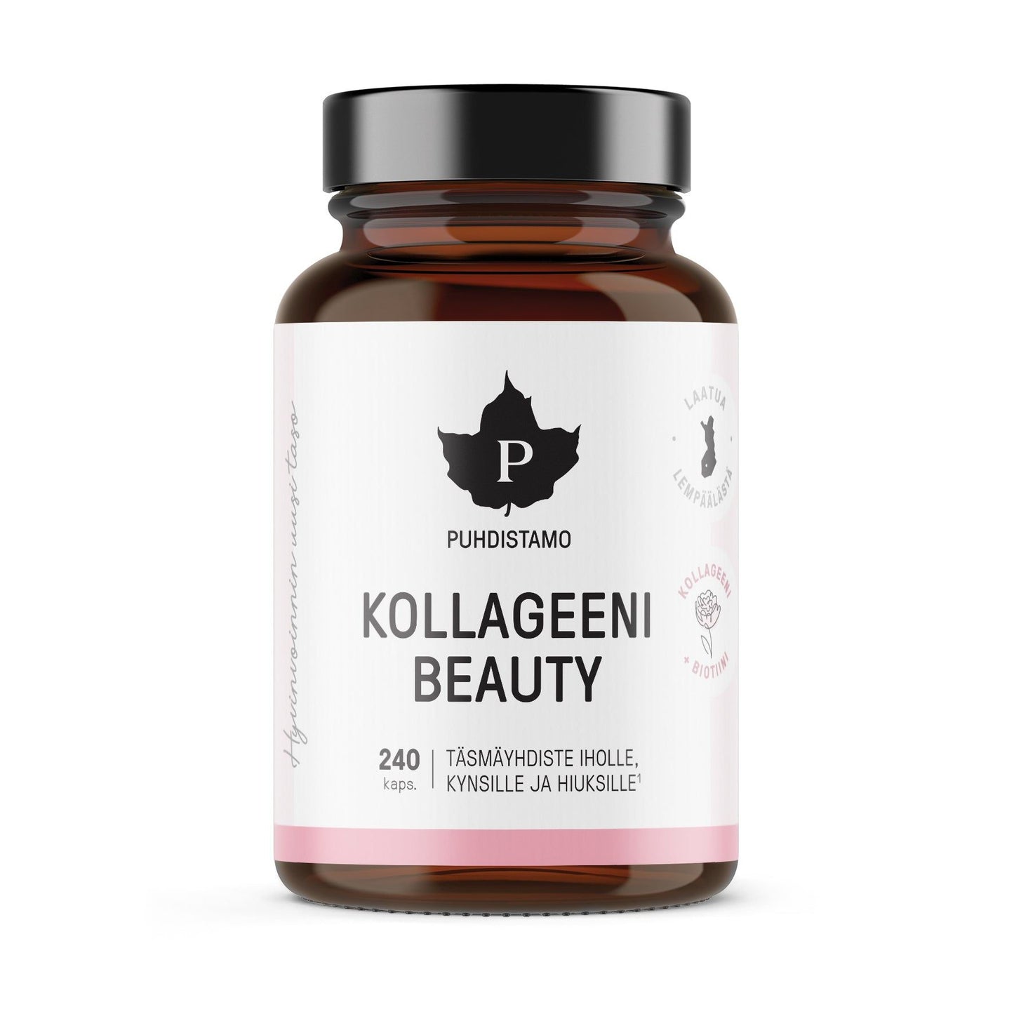 Puhdistamo Kollageeni Beauty -pullo, sisältää 240 kapselia, tekstissä korostettu hyödyt iholle, kynsille ja hiuksille; pullo mattapintainen ja sylinterimäinen mustalla kierrekorkilla; etiketissä tekstausvapaata fonttia mustalla ja vaaleanpunaisella valkoisella pohjalla vaaleanpunaisin korostuksin; ei ihmisiä tai käsiä näkyvissä; neutraali tausta, tavanomainen tuotekuva; etiketti valkoinen ja vaaleanpunainen musta korkki.