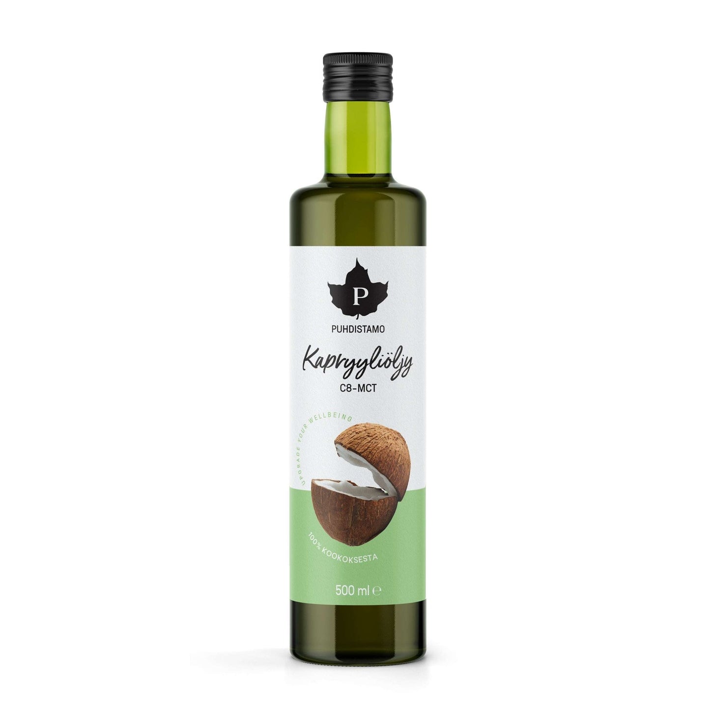 Puhdistamo Kapryyliöljy C8-MCT, 500 ml; vihreä pullo, jonka etiketissä on kuva halkaistusta kookospähkinästä, kuvattu valkoista taustaa vasten; pullo sylinterimäinen, musta korkki ja kiiltävä pinta; etiketissä lihavoitua tekstausvapaata typografiaa; ei ihmisiä tai käsiä kuvassa; kuva hyvin valaistu ja edestäpäin otettu; tuote korostaa puhdasta C8-MCT-pitoisuutta.