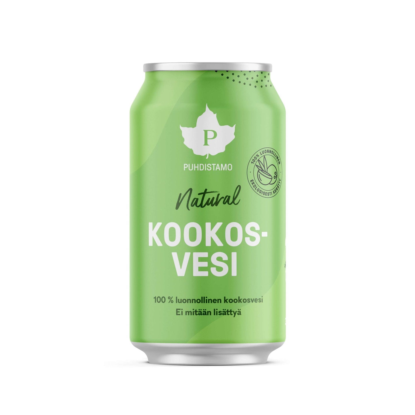 Puhdistamo Natural Kookosvesi -tölkki, vihreä, lehtikuvituksia ja suomenkielistä tekstiä korostaen 100-prosenttista luonnollista kookosvettä ilman lisäaineita; mattapintainen, tavallisen juomatölkin muoto, alumiinimateriaali; valkoista modernia tekstausvapaata typografiaa otsikossa ja tuotetiedoissa; kuva lähikuva tölkistä; tausta valkoinen, ei ihmisiä tai käsiä näkyvissä.