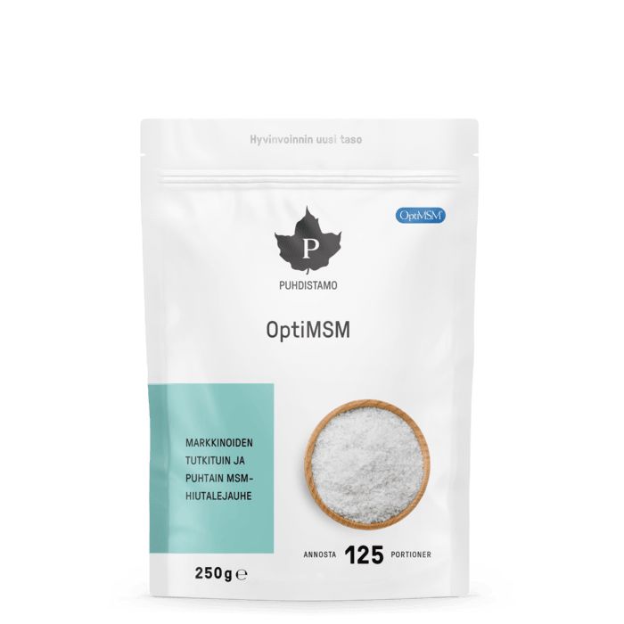Puhdistamo OptiMSM -pussi, valkoinen, kuva valkoisesta jauheesta, sininen-musta suomenkielinen teksti; mattapintainen joustava pakkaus, uudelleensuljettava yläosa, 250 g, 125 annosta