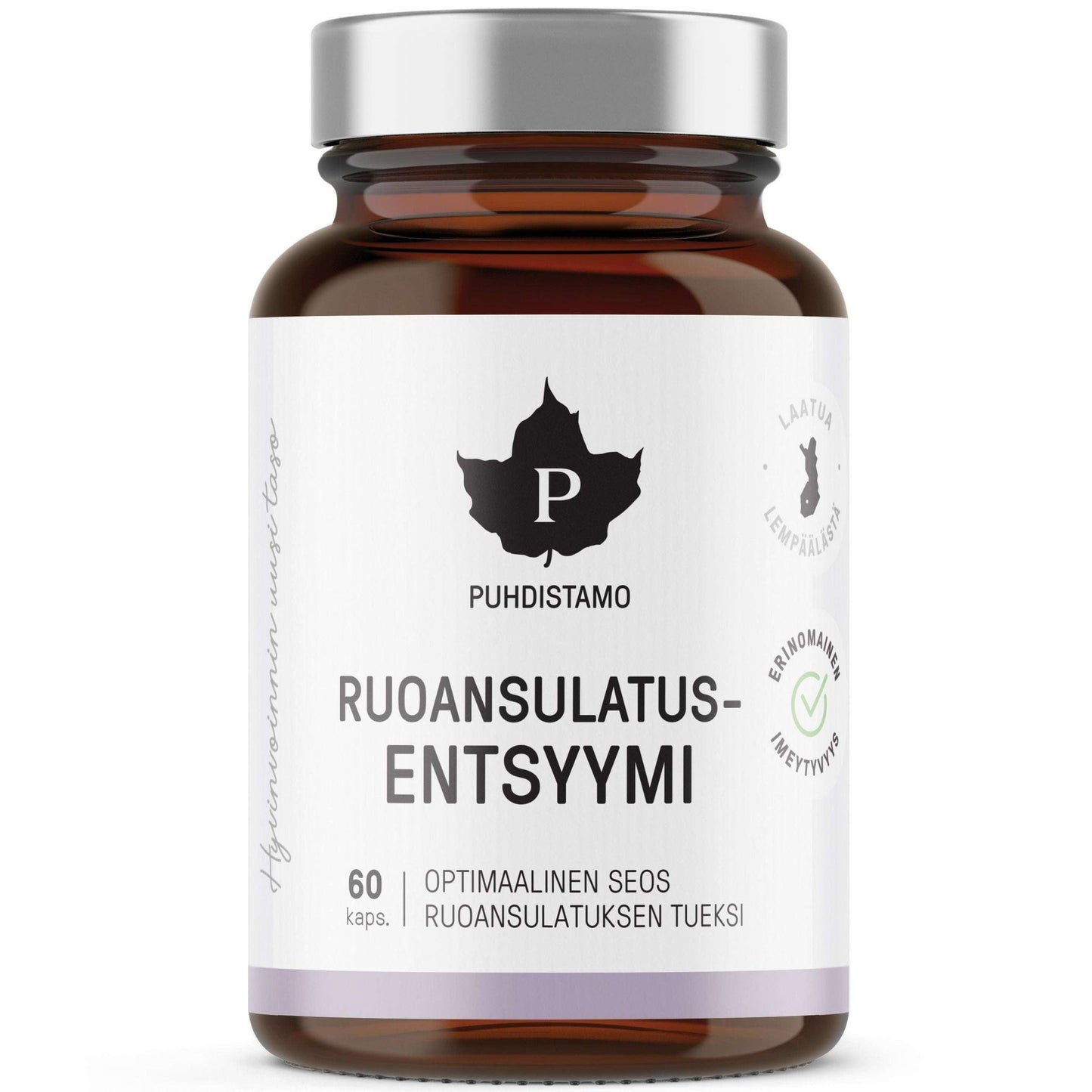 Puhdistamo Ruoansulatusentsyymi, 60 kapselia; ruskea lasipullo, musta lehtilogo, valkoinen-violetti mattapintainen etiketti suomenkielisin tekstein; kuvattu studiossa ilman ihmisiä tai taustarekvisiittaa; yksinkertaista groteskitekstiä.