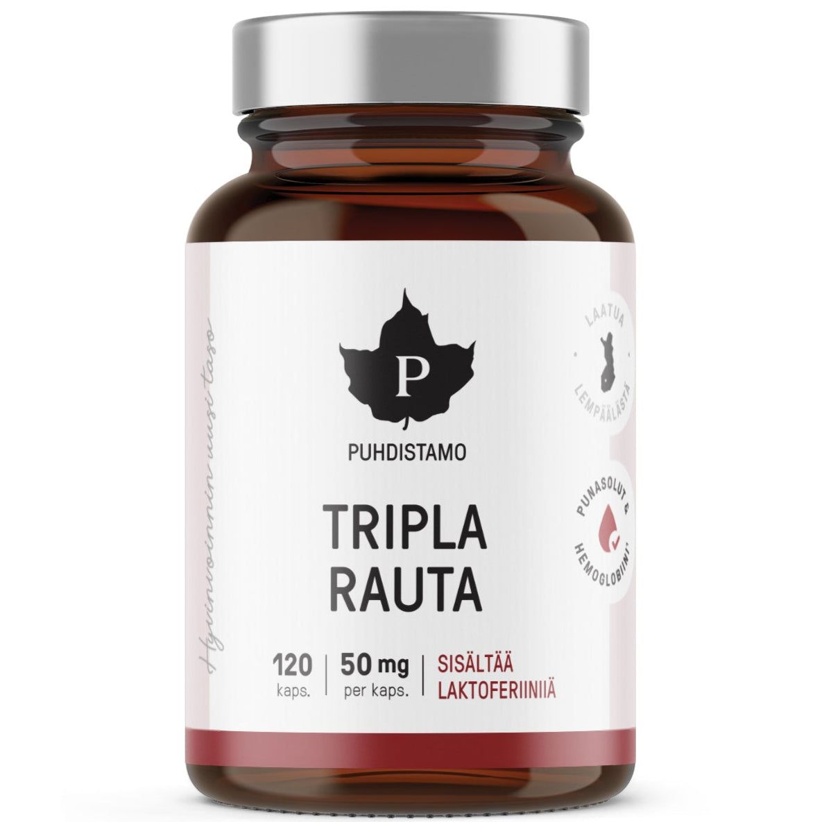 A brown glass bottle labeled Puhdistamo Tripla Rauta, containing 120 capsules of iron supplement, 50 mg per capsule. The cylindrical bottle has a matte white label with both bold and regular sans-serif fonts. Black and red line graphics are on the label along with Finnish text. The shot is against a plain white background. No people or hands are visible.