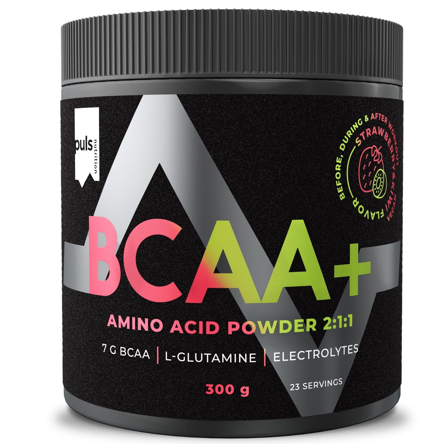 Puls BCAA+ Mansikka-Kiivi; musta purkki BCAA-aminohappojauhetta vihrein ja pinkein tekstein, sisältäen 7 g BCAA:ta, L-glutamiinia ja elektrolyyttejä; purkki sylinterinmuotoista muovia mattapintaisena; kiiltäväpintainen etiketti lihavoiduin groteskikirjasimin tuotenimelle ja annosmäärälle; etupuolella mansikkakuvitus makua ilmaisemassa; valkoinen tausta, ei ihmisiä kuvassa.