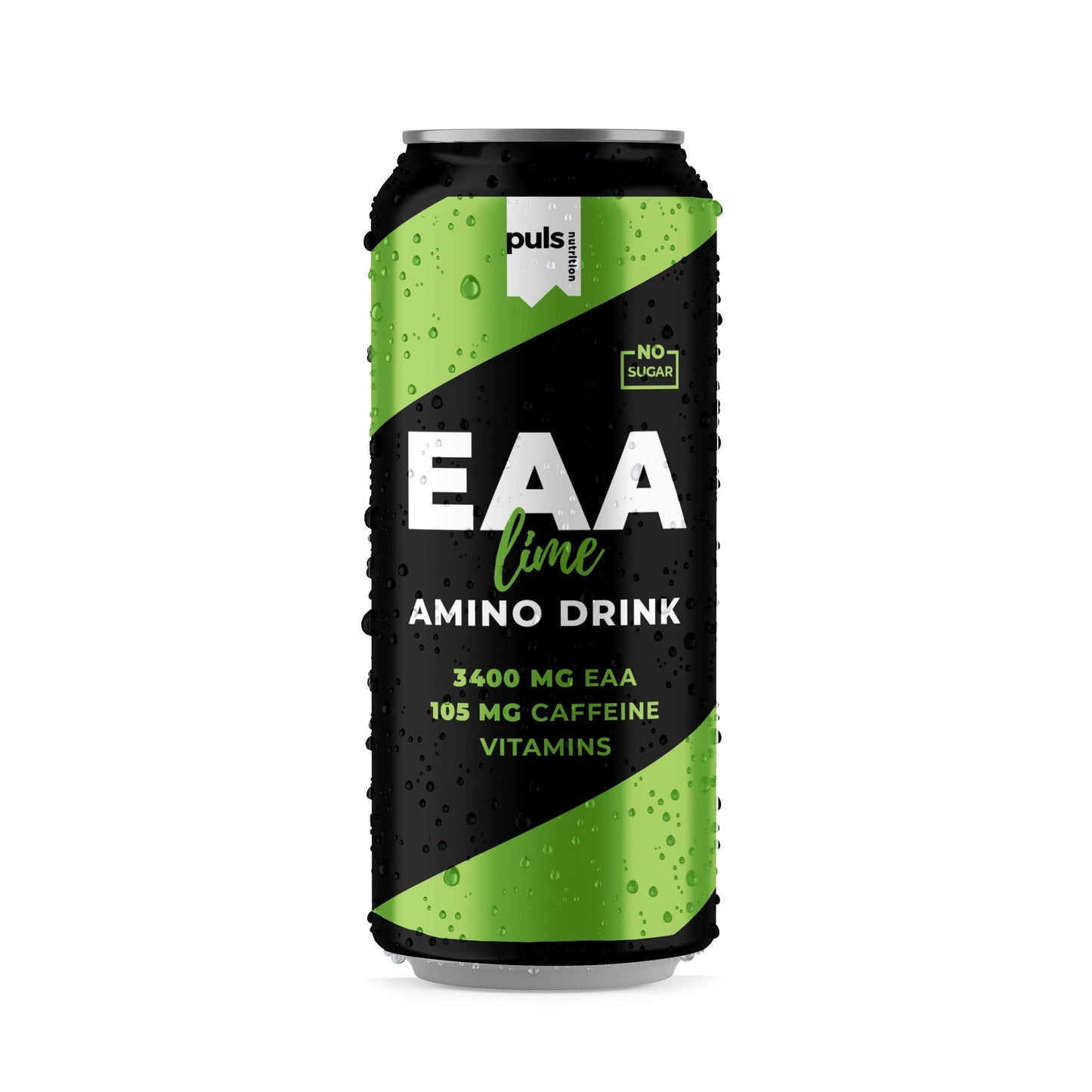 A black and green can labeled EAA Lime Amino Drink with 3600 mg EAA, 105 mg caffeine, vitamins, and amino acids. The aluminum can has a matte finish, cylindrical shape, and condensation droplets on the surface. Sans-serif typography is used for the label. The image is a close-up product shot against a neutral background with no people or hands visible.