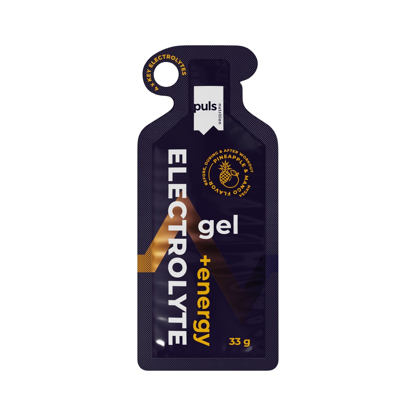 A dark, flexible pouch labeled ELECTROLYTE gel + energy, featuring a pineapple illustration and “puls” at the top in bold type. Packaging is matte with a 33g label and a keyhole cutout for hanging. Product claims instant energy with essential electrolytes are printed on the front. No people or hands visible, neutral background, straightforward product shot.