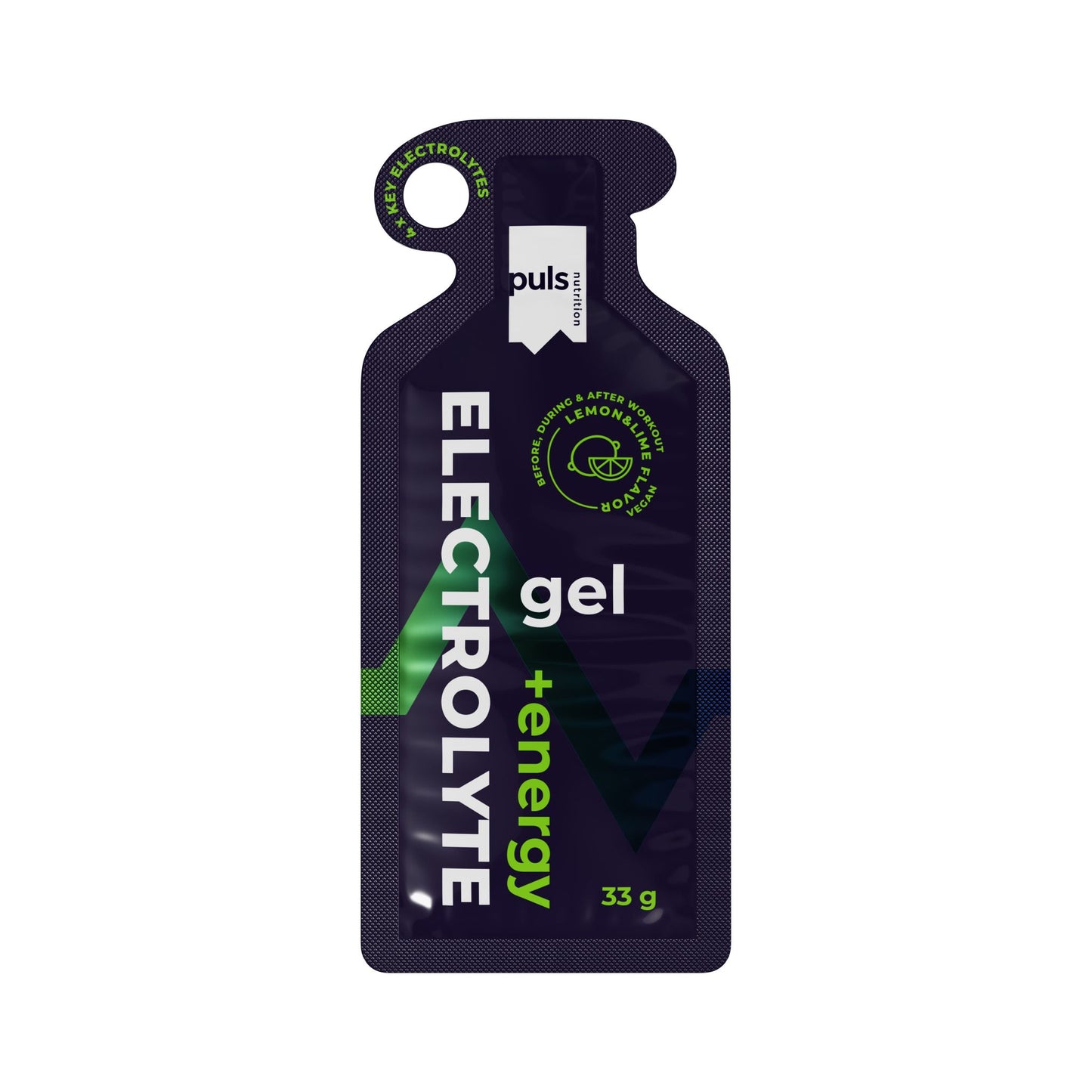 A Puls Nutrition energy gel packet. The dark purple, glossy, single-serving pouch has a hanging hole at the top and contains 33g. The main text is white and yellow in bold, sans-serif font, with “Lemon & Lime” and “electrolytes” clearly shown on the front. The packet stands alone against a plain background with no people or hands visible.