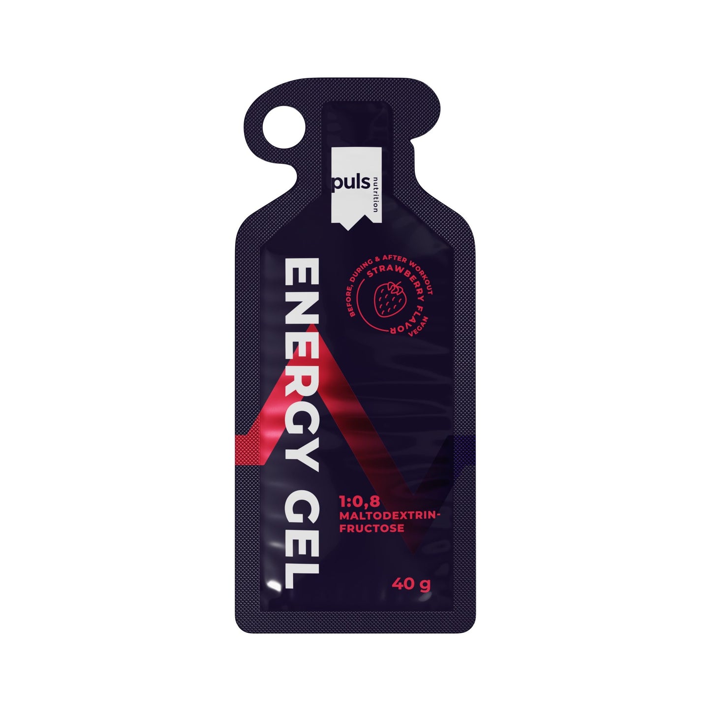 A black energy gel packet labeled ENERGY GEL with red and white text, featuring strawberry flavor and a 1:0.8 maltodextrin-fructose ratio, 40g. The brand name puls appears at the top. Rectangular flexible pouch packaging with a tapered spout; matte surface finish. Sans-serif fonts used for all visible text. Plain background, no people or hands shown, centered product shot.