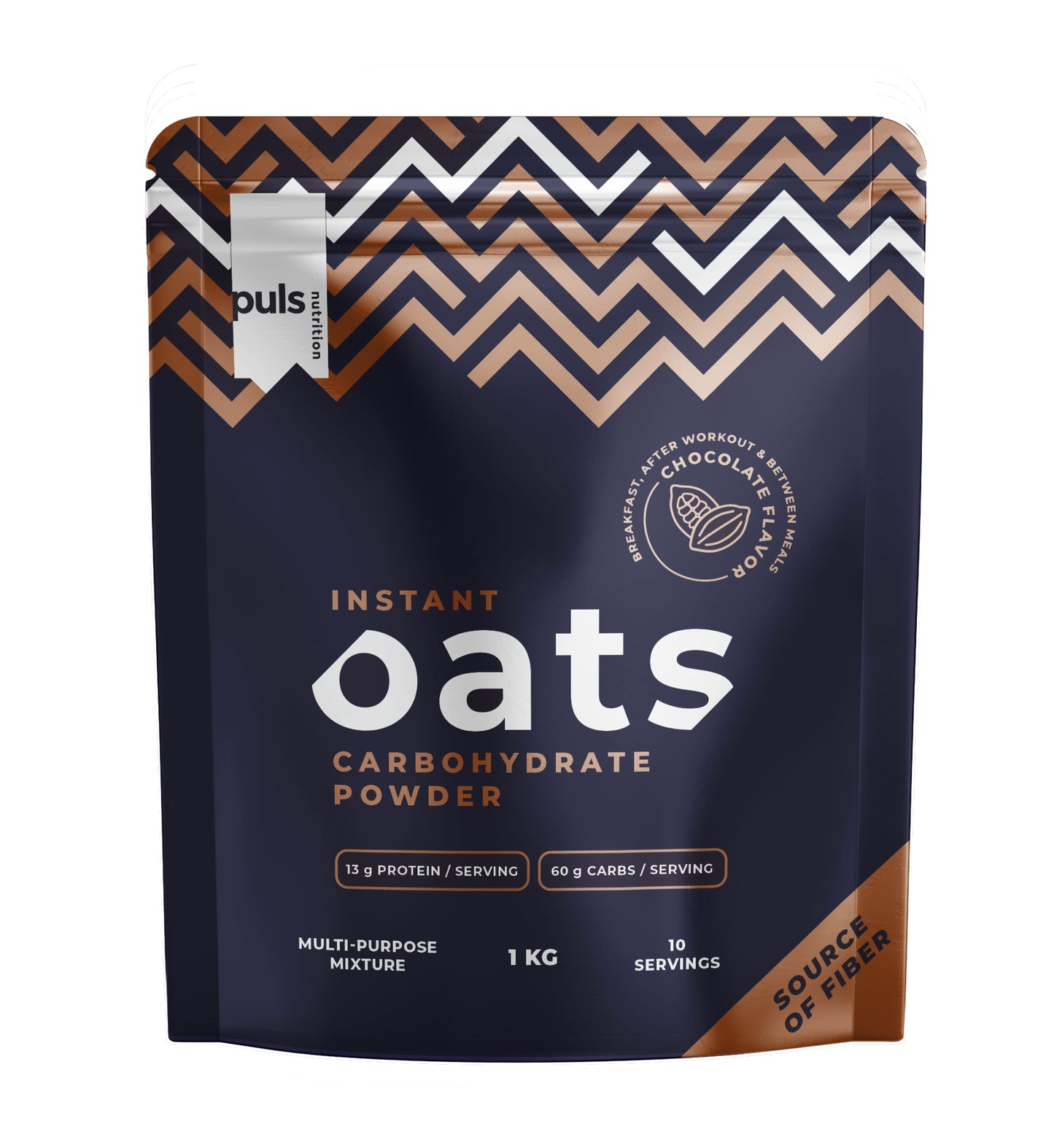 Puls Instant Oats Chocolate; 1 kilon pussi Puls Gourmet Instant Oats -hiilihydraattijauhetta, suklaan makuinen; joustava pussi tummansinisessä ja kultaisessa värissä, pinta pääosin matta paikoin kiiltopäällysteellä, seisoo saumatuin reunoin; valkoinen ja kultainen lihavoitu groteskiteksti kertoo runsaasta hiilihydraatti- ja kuitupitoisuudesta, proteiinihyödyistä sekä 10 annoksesta pussia kohti; ei ihmisiä tai taustaelementtejä, tuote edestäpäin.