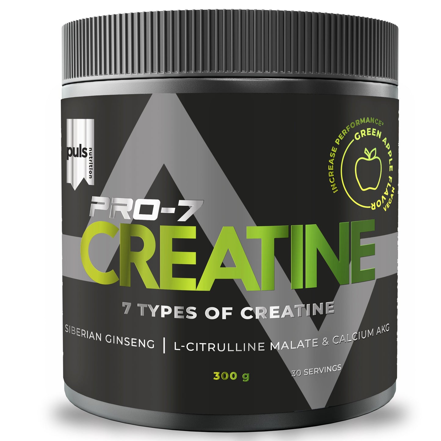 Puls Pro-7 Creatine Green Apple; Puls Nutrition PRO-7 Creatine -purkki vihreäomena-maulla, sisältää seitsemän kreatiinilajia, Siperian ginsengiä, L-sitrulliinimalaattia ja kalsium-AKG:ta; sylinterin muotoinen pakkaus musta vihreäin graafisin elementein ja valkoisin kirjaimin modernilla groteskilla; etiketin tiedot selkeästi luettavissa; ei ihmisiä tai käsiä, tausta tasainen.