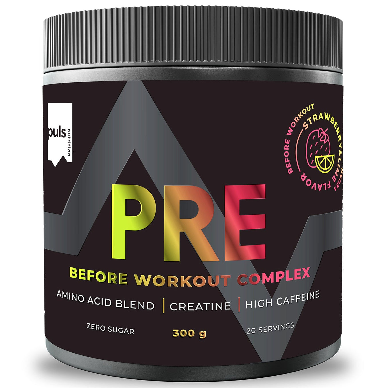 Puls Pre-Workout Complex Strawberry & Lime; musta muovipurkki matalla pinnalla, sylinterin muotoinen, kierrekorkillinen; etiketissä lihavoitu värikäs palkkikirjasin, jossa mainitaan mansikan maku, aminohapposeos, kreatiini, runsas kofeiinipitoisuus, 300 g paino ja 20 annosta purkkia kohti; ei ihmisiä tai muita esineitä, valkoinen tausta.