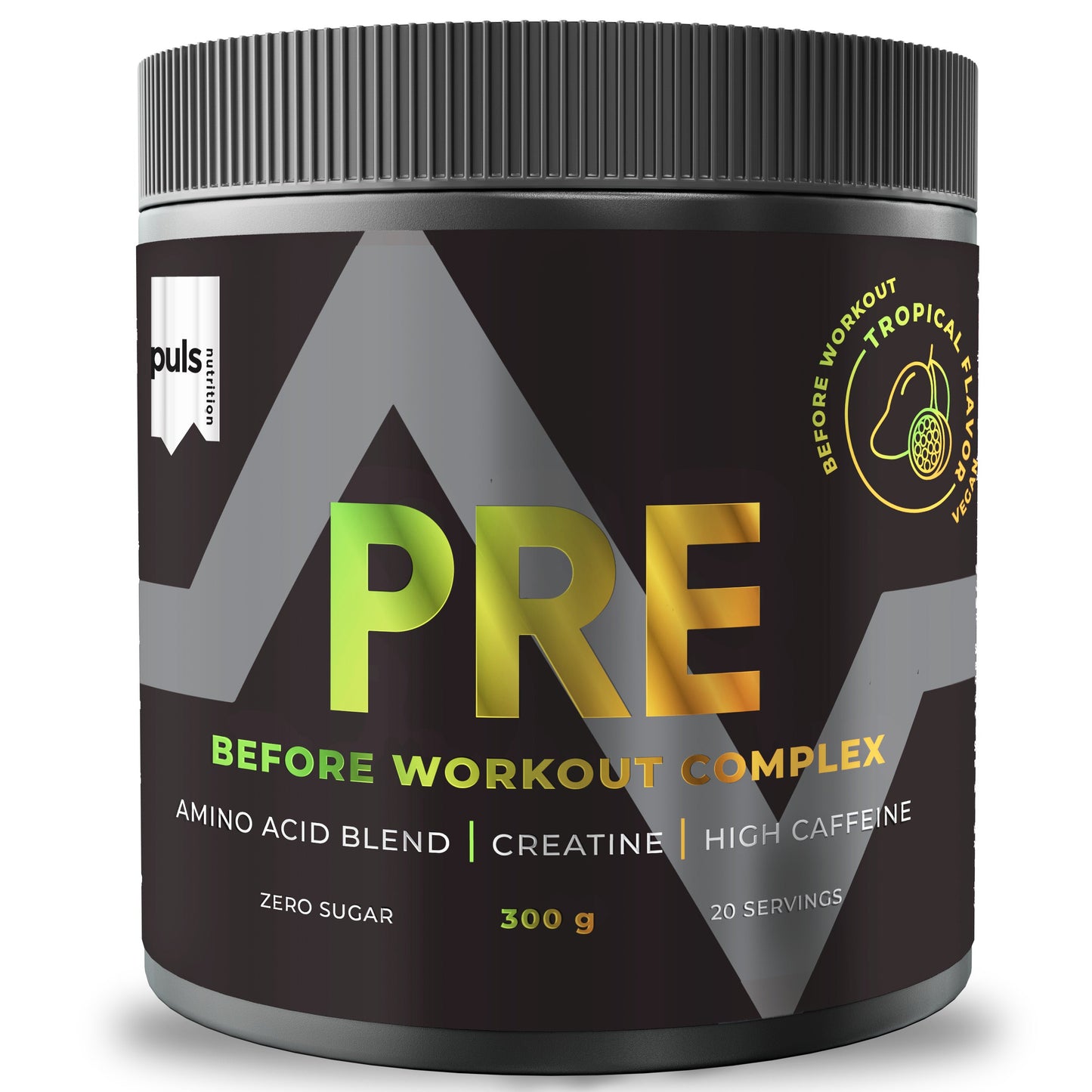 Puls Pre-Workout Complex Tropical; Puls Nutrition PRE Before Workout Complex -purkki tropiikin makuisena, 300 g jauhetta; sylinterin muotoinen muovipurkki matalla mustalla pinnalla ja kierrekannella; etiketissä lihavoitu valkoinen ja keltainen teksti geometrisin korostuksin tummaa taustaa vasten, mainitaan aminohapposeos, kreatiini, runsas kofeiini, ei sokeria ja 20 annosta; ei ihmisiä tai käsiä, tasainen studiotausta.