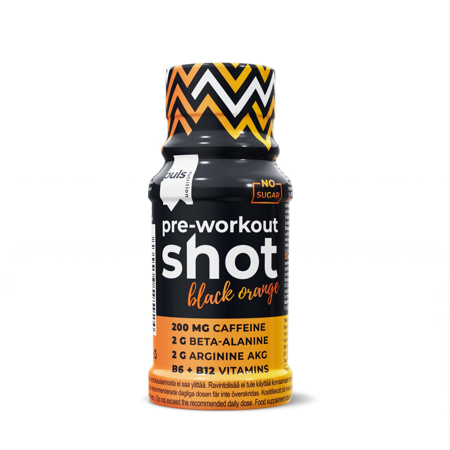 Puls Pre Workout Shot Black Orange; pullo tekstillä "pre-workout shot black orange" siksak-kuvioin, sisältää 200 mg kofeiinia, beta-alaniinia, arginiini AKG:tä sekä B6- ja B12-vitamiinia; sokerittomuus mainittu oikeassa yläkulmassa; pullo lieriön muotoinen mattapinnalla; etiketissä lihavoitua valkoista ja oranssia tekstiä versaalikirjaimin; ei ihmisiä tai muita esineitä kuvassa; valkoinen tausta, suora tuotekuva.