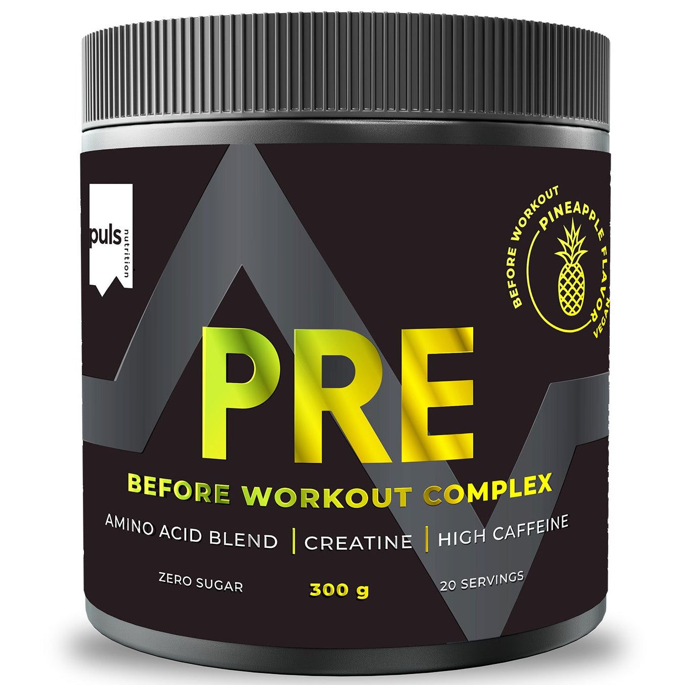 Puls Pre-Workout Complex Pineapple; musta sylinterinmuotoinen muovipurkki mattapintaisena tekstillä "PRE Before Workout Complex"; etiketissä ananaksen maku, aminohapposeos, kreatiini, korkea kofeiinipitoisuus, ei sokeria, koko 300 g ja 20 annosta lihavoiduin valkoisin ja keltaisin kirjaimin; neutraali tausta, ei ihmisiä tai käsiä kuvassa, studiotuotekuva.