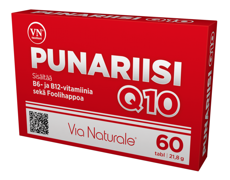 Punariisi Q10; punainen suorakaiteen muotoinen pahvirasia tekstillä ”PUNARIISI Q10 by Via Naturale”, mattapinta ja valkoista groteskitekstiä; etusivulla merkintä 60 tablettia, maininta koentsyymi Q10:stä, B6-, B12-vitamiinista ja foolihaposta sekä näkyvä QR-koodi; ei ihmisiä tai muita esineitä; tausta neutraali; rasia korostaa koentsyymi Q10:tä B6-, B12-vitamiinin ja foolihapon ohella valkoisella tekstillä ja QR-koodilla.