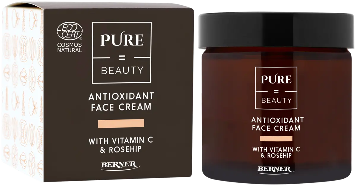 Pure=Beauty Antioxidant Face Cream; ruskea purkki tekstillä Pure Beauty Antioxidant Face Cream C-vitamiinilla ja ruusunmarjalla vastaavan rasiansa vierellä, joka näyttää ECOCERT Cosmos Natural -sertifioinnin ja korostaa antioksidanttihyötyjä; purkki pyöreä mattapinnalla valkoisella kannella; sekä purkki että rasia käyttävät lihavoitua groteskikirjasinta tummin värein; ei ihmisiä tai käsiä, vaalea tausta.